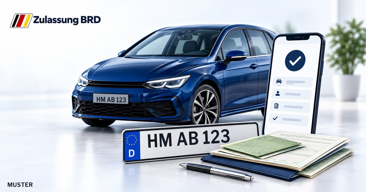Online Fahrzeugzulassung in Hameln: Musterkennzeichen HM AB 123, Auto und Fahrzeugpapiere und Smartphone. Illustration mit Logo von Zulassung BRD.